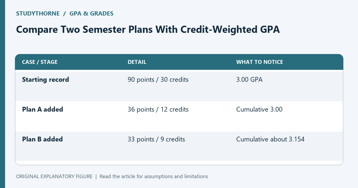 Illustrative credit-weighted scenarios: course count alone does not determine the change in cumulative GPA.