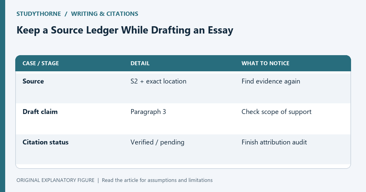 A source ledger links each claim to evidence and keeps citation formatting separate from evidence quality.