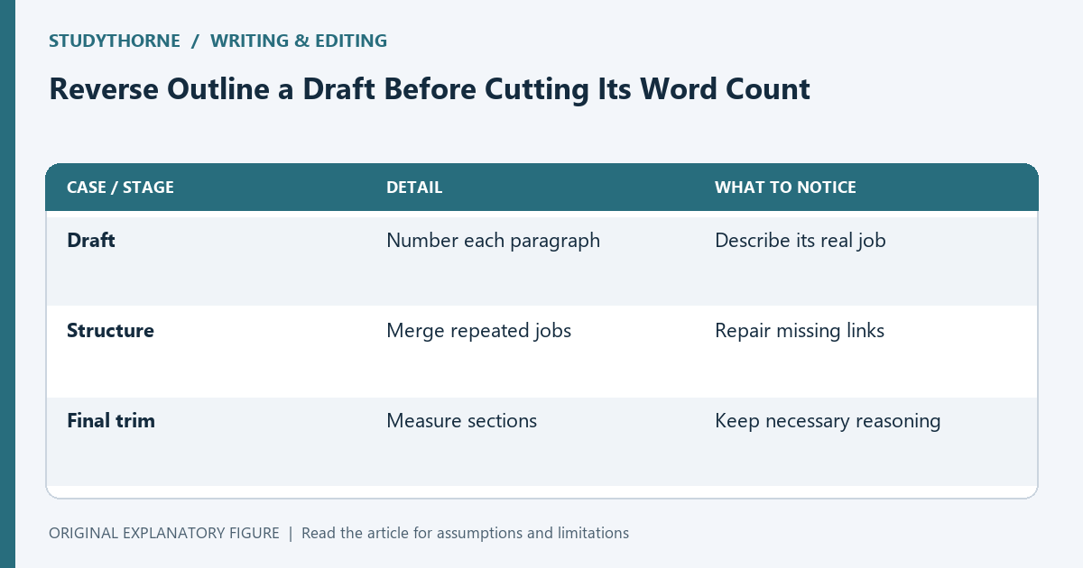 Structural editing comes before fine trimming: map paragraph jobs, repair the sequence, then count the revised text.