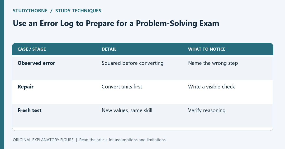 The error-log loop turns a missed question into a specific repair and an independent retest.
