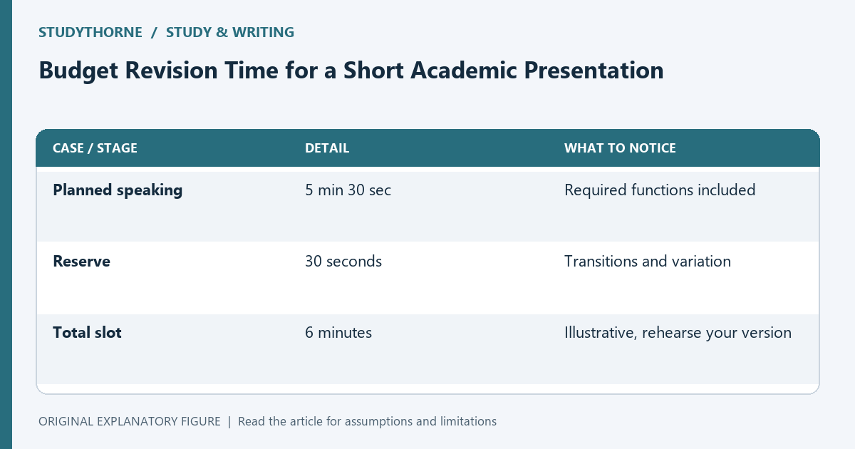 Illustrative six-minute talk budget includes a thirty-second reserve; actual rehearsal determines whether the content fits.