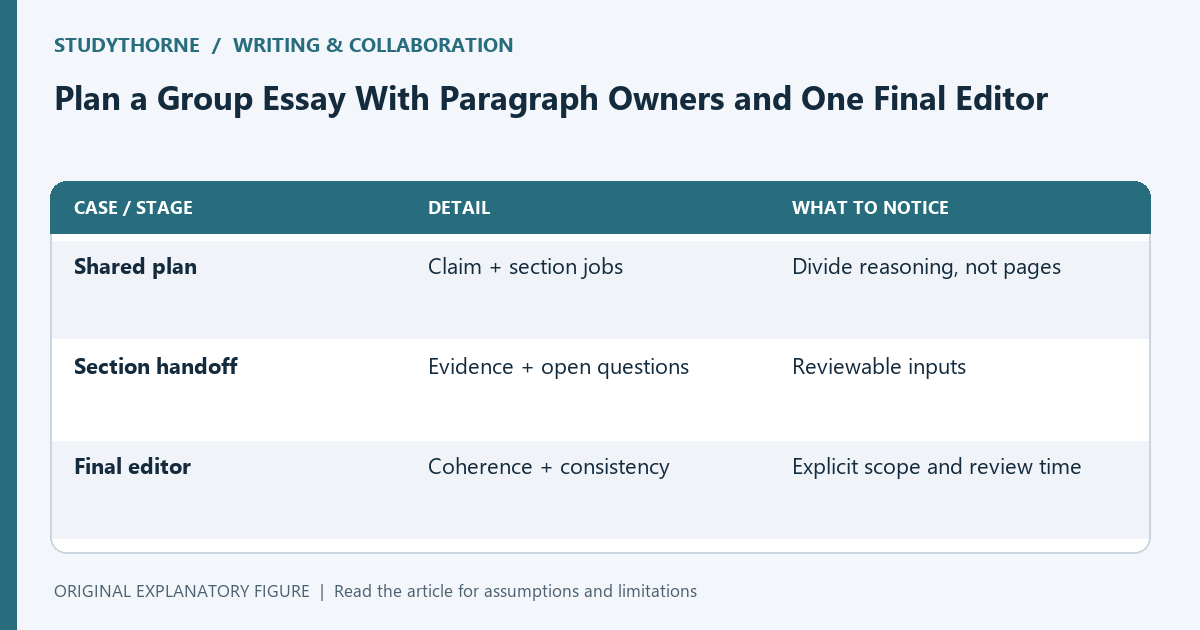 A group draft needs a shared argument, traceable section handoffs, and a bounded final-editing role.